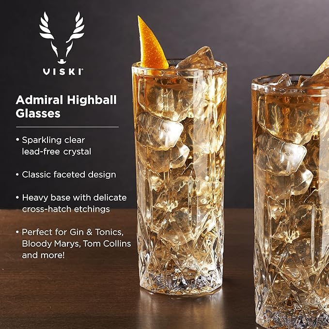 Viski Admiral Highball Glasses, Crystal Drinking Glasses, Elegant Glassware for Whiskey, Vodka, Cocktails, Perfect for Home Bars, Indoor & Outdoor Parties, Stylish Drinkware, 9 oz, Set of 4