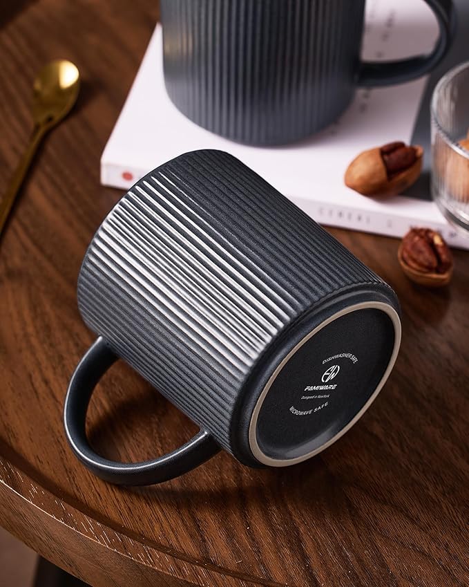 famiware Coffee Mug Set for 6, Star 16 oz Catering Mugs Cup Set with Handle for Coffee, Tea, Cocoa, Milk - Ceramic Stoneware Drinkware Set, Matte Dark Charcoal