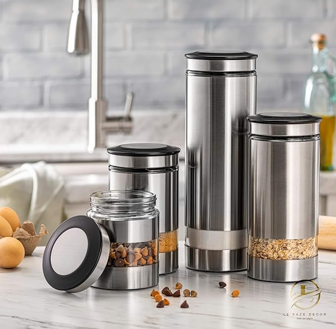 Le'raze Quality Stainless Steel Canister Set of 4 for Kitchen Counter with Glass Window & Airtight Lid - Food Storage Containers with Lids Airtight - Pantry Storage and Organization Set