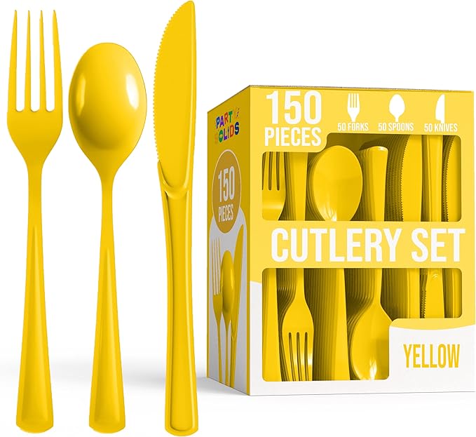 Party Solids Yellow Plastic Silverware Heavy Duty 150 Pieces Yellow Disposable Silverware Heavy Duty, Utensil Sets, 50 Of Each Forks, Knives & Spoons Disposable Cutlery Set For Party Supplies