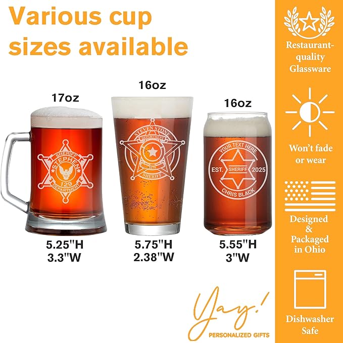 Personalized Beer Pint with Sheriff Badge for Law Enforcement, Custom Name and Number, Engraved Beer Glass with handle, Custom Gift For Men Dad Father's Day Police Officer