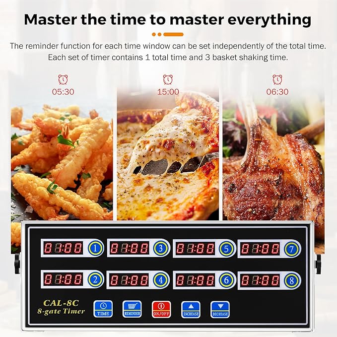 BEAMNOVA 8-Channel Digital Kitchen Timer Commercial Cooking Fryer Reminder Loud Ring Alarm Stainless Steel Adjustable Volume