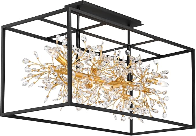 Possini Euro Design Carrine 38 1/2" Modern Semi Flush-Mount Ceiling Light Fixture Kitchen Foyer Hallway Linear Unique 8-Light Satin Black Gold Finish Crystal Metal Bedroom Bathroom Entryway