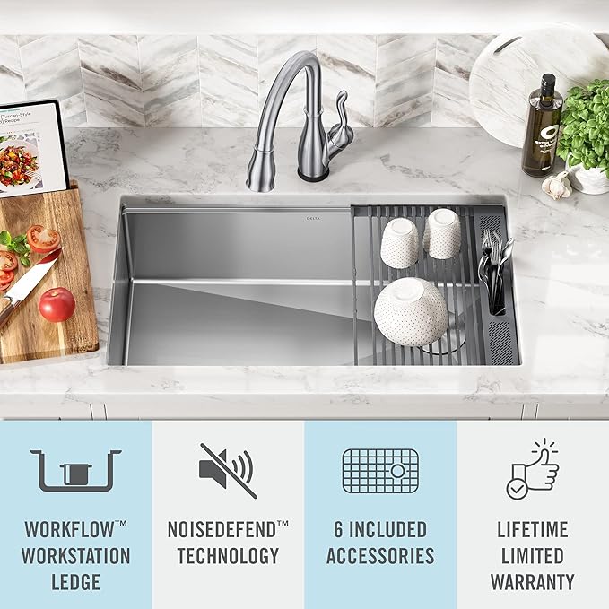 DELTA FAUCET 95B932-32S-SS Lorelai Workstation Kitchen Sink Undermount Stainless Steel Single Bowl with WorkFlow Ledge and Chef’s Kit of 6 Accessories