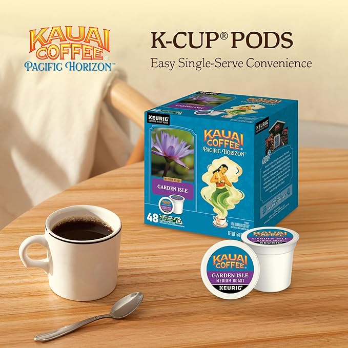 Kauai Coffee K-Cup Pods for Keurig Brewers – Arabica Coffee, 10% Hawaiian – Medium Roast, Bright Aroma With Light Floral Notes – Garden Isle, 1 Pack of 48 Single Serve K-Cups