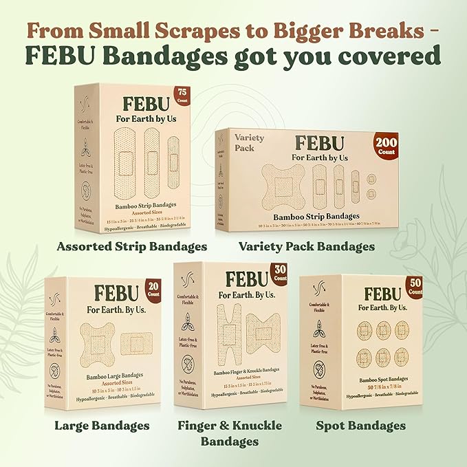 FEBU Eco-Friendly Bamboo Fingertip Bandages | PFAS Free Knuckle Bandages for First Aid | Flexible Fabric Wound Dressing | Fully Compostable, Latex Free Bandage | 30 Count Knuckle & Finger Bandage