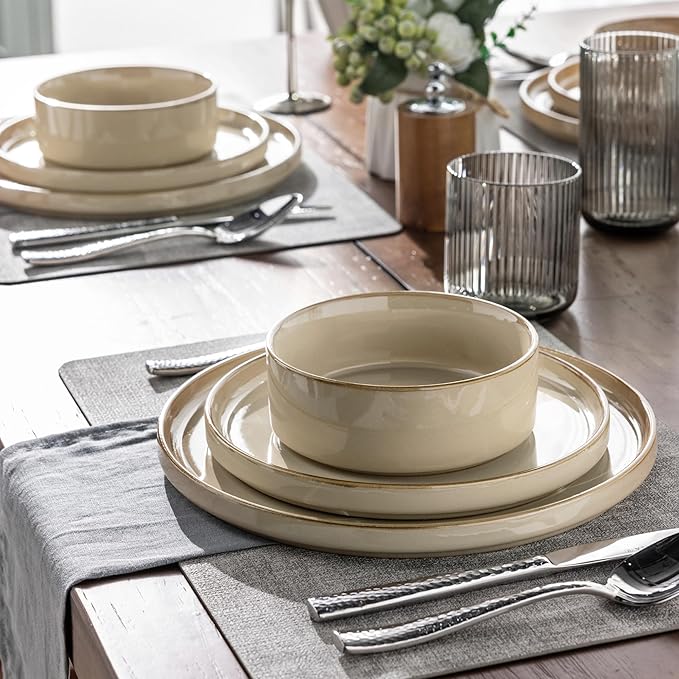GBHOME Ceramic Dinnerware Sets for 4, 12 Pieces Stoneware Plates and Bowls Sets, Reactive Glaze Dishes -Scratch Resistant, Dishwasher&Microwave Safe-Warm Sand