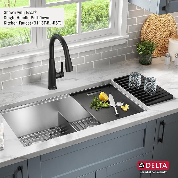 DELTA FAUCET Rivet 33-Inch Workstation Kitchen Sink Undermount 16 Gauge Stainless Steel 50/50 Double Bowl with WorkFlow Ledge and Chef’s Kit of 9 Accessories, 95B931-33D-SS