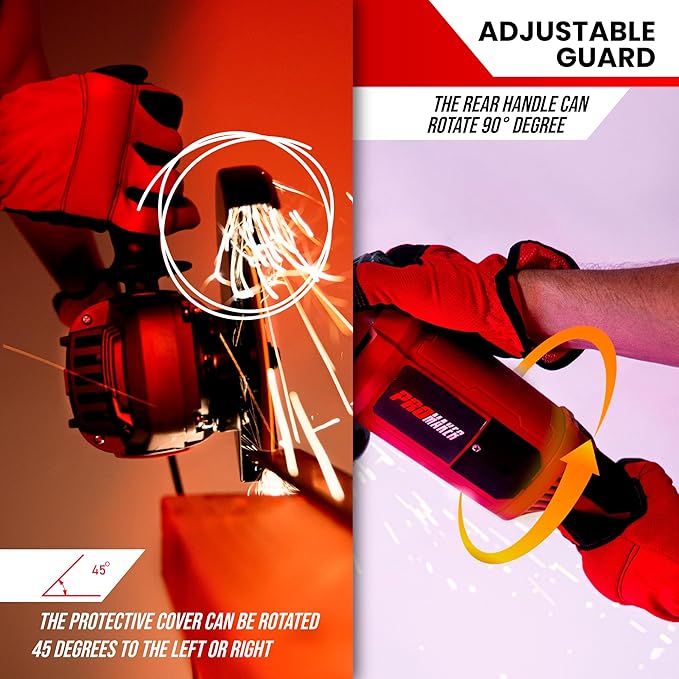 PROMAKER 9 inch Angle Grinder, 17.2 AMP, 6300 RPM, Industrial Electric Angle Grinder with 2 Extra Carbon Brushes, the rear and side handle can rotate, 2 Years Warranty.