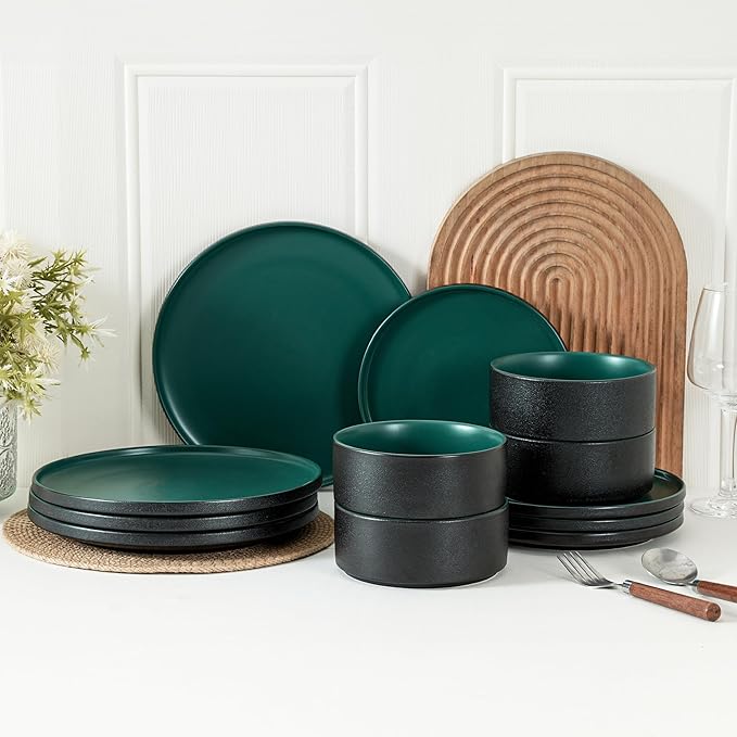 Stoneware Salad Plates Set of 4, 8 Inch Plates for Dessert, Ceramic Plates Sets, Microwave Safe, Dishwasher Safe, Versatile for All Seasons, Matte Green