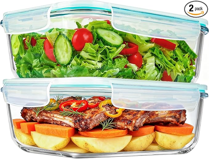 2 Pack 78 Oz / 9.8 Cups Large Glass Food Storage Containers with Lids, Meal Prep Containers for Baking, Serving, Glass Storage Container, BPA Free, Leakproof, Freezer, Microwave/Oven Safe