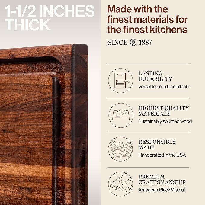 John Boos BBQ Series Rectangular Wooden Walnut Cutting Board 17”x21” – 1.5” Thick, 15-lb Reversible Butcher Block with Juice Groove, Edge-Grain & Finger Grips – Made in the USA