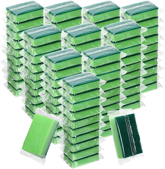 Tioncy 100 Pcs Individually Wrapped Sponges Kitchen Green Bulk Dish Non Scratch Scrub Sponges Dual Sided Cleaning Dish Scrubber for Washing Dishes, Pots, Pans, Sinks, Stoves, Appliances, Car, Bike