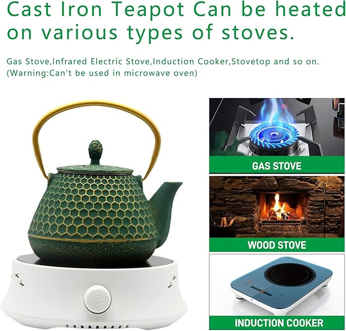 YJX Cast Iron Teapot and Tea Cups Set, 33.8oz Hexagon Pattern Tea Set with Cups and Cup Mats, Enameled Tea Kettle for Stovetop, Durable Tea Pot Set with Stainless Steel Infuser for Loose Leaf