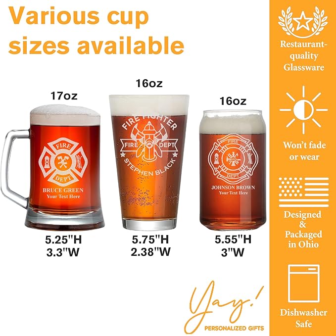 Personalized Firefighter Beer Mug, Custom Name and Text, Etched Fire Dept Beer Glass, 17oz Engraved Glassware, Fireman Gift, Home Bar, Firefighter Gifts for Men, Dad
