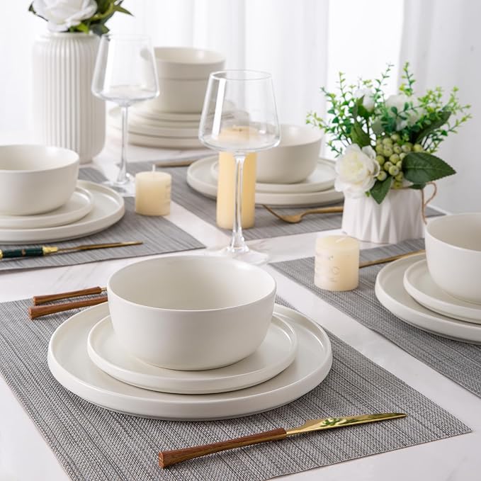 AmorArc Stoneware Dinnerware Sets for 8,Reactive Ceramic Plates and Bowls Set,Highly Chip and Crack Resistant | Dishwasher & Microwave Safe | Round Dishes Set Service for 8 (24pc),Matte White