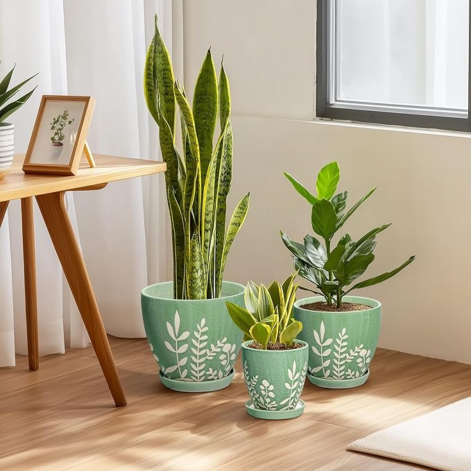 8 Inch Indoor Plant Pot with Drainage and Saucer - Ceramic Planter for Indoor Outdoor Plants, Decorative Flower Pot, Desk Home Office Garden Decor, Plant Lovers Gifts, Green