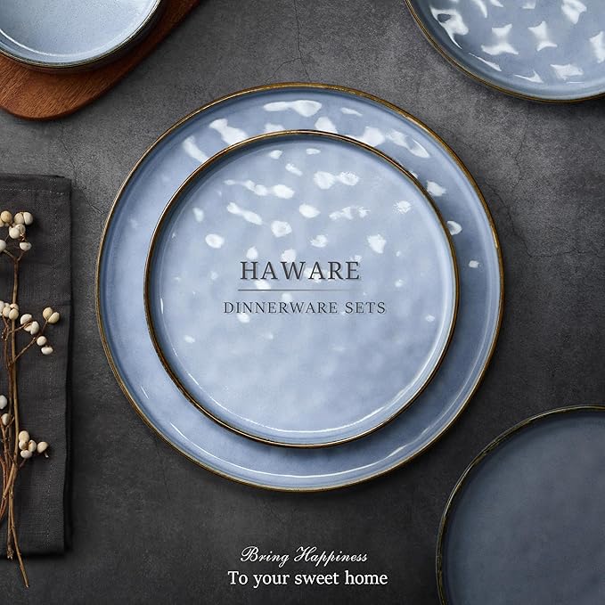 HaWare Dinnerware Sets, 16-Piece Plates and Bowls Set, Stoneware Dish Set for 4, Ceramic Dishware Set for Pasta Cereal, Chip and Scratch Resistant, Microwave and Dishwasher Safe, Reactive Blue