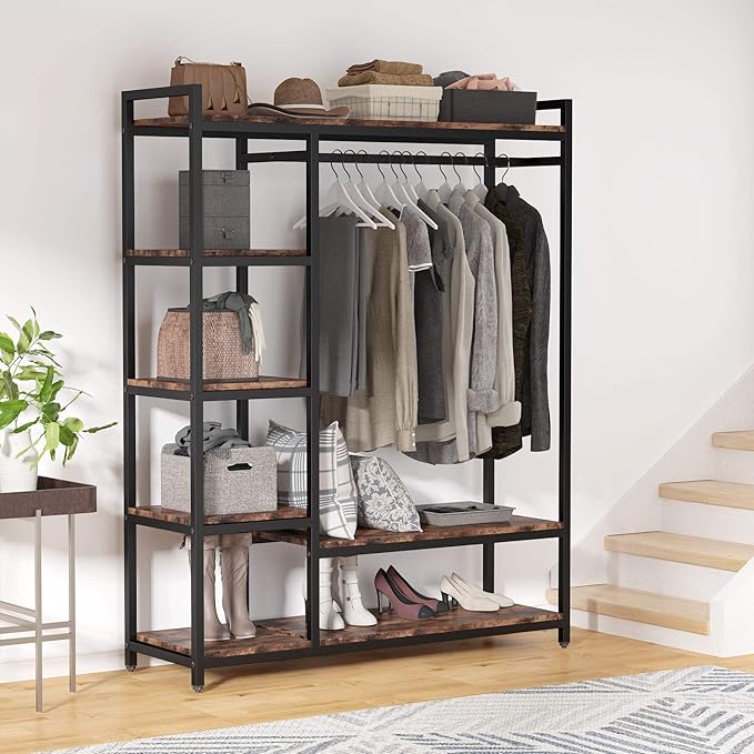 Tribesigns Free-standing Closet Organizer with 6 Storage Shelves and Hanging Bar, Large Standing Clothes Garment Rack（Vintage）