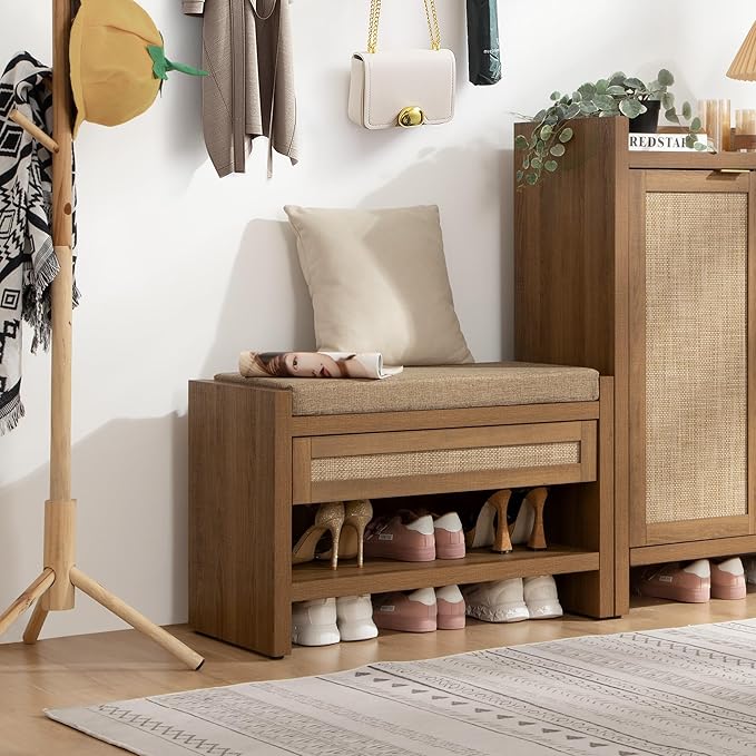 SICOTAS Rattan Shoe Bench Entryway Bench with Storage Drawer and Linen Seat Cushion, Farmhouse Boho Shoe Rack with Shelf, Wooden Storage Bench for Entryway Hallway and Bedroom, Caramel Oak