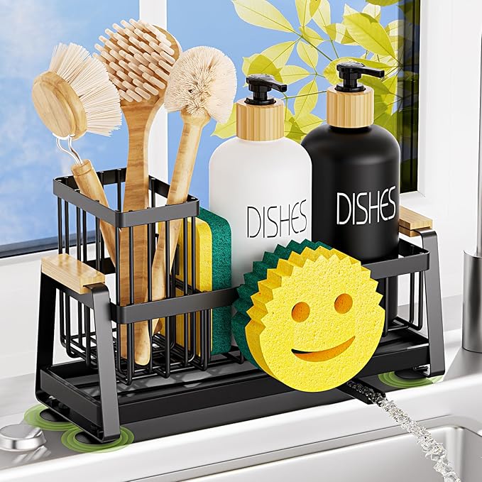 Sponge Holder for Kitchen Sink, Sink Caddy Organizer with Dish Brush Holder, Sink Organizer Rack with Suction Cups, Smiley Face Sponge Caddy Self Drain for Soap Dispenser Storage Accessories