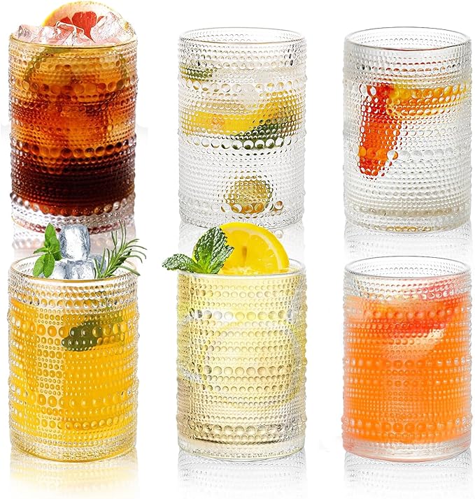 Hobnail Drinking Glasses Set,16 Oz Vintage Embossed Glass Tumbler for Cocktail, Beer, Juice, Water, Whiskey and Kitchen Glassware, 6 Pack