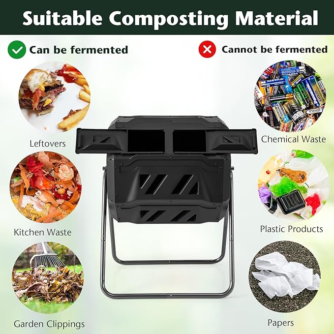 Goplus Compost Bin, Outdoor 42-Gal Dual Chamber Composting Tumbler w/2 Sliding Doors, Heavy-Duty Metal Frame, 360° Rotatable Tumbling Composter, BPA-Free Compost Tumbler for Kitchen Garden Yard Waste