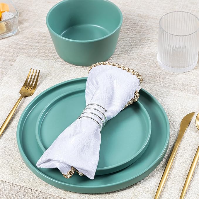 Plates and Bowls Sets for 4 - CJDC-QUELO 16 Piece Stoneware Dinnerware Sets with Mugs, Ceramic Dishware Sets for Kitchen Dining Use, Chip and Scratch Resistant Microwave Dishwasher Safe, Green