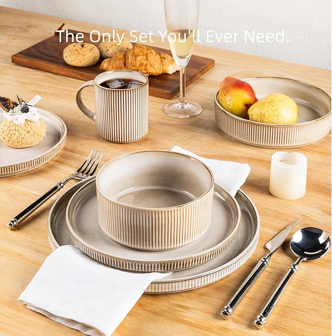 GBHOME Stoneware Dinnerware Sets for 4,Round Reactive Glaze Ceramic Plates and Bowls Set,Highly Scratch Resistant | Dishwasher & Microwave Safe Dishes Set,Service for 4(12Pcs)，Cappuccino