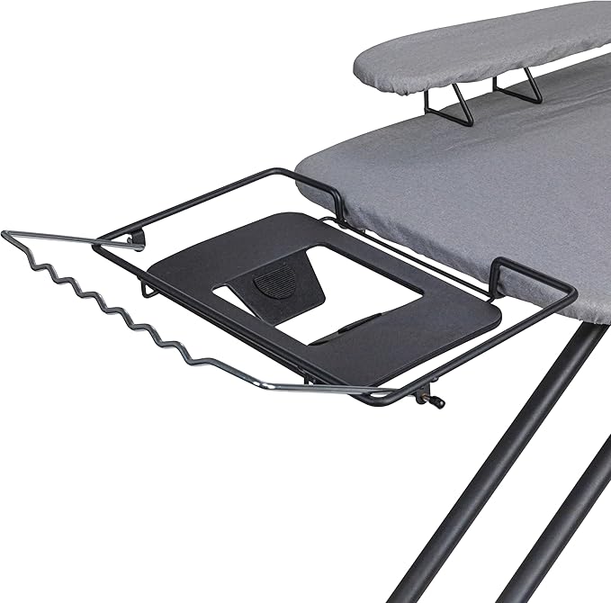 Household Essentials Wide Mega Ironing Board 4-Leg, Steel Top Pressing Station, Matte Black Frame, Grey Cover