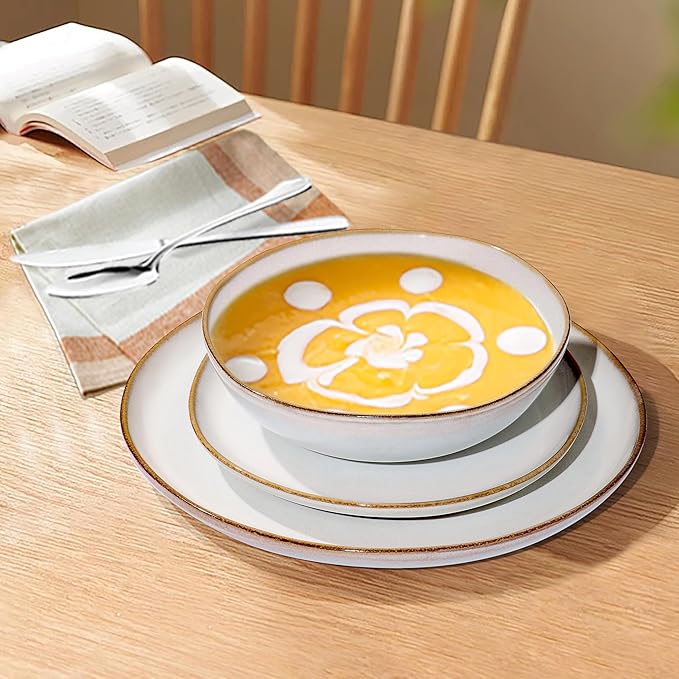 Herogo 24Pcs Plates and Bowls Dinner Set, Stoneware Dinnerware Dishes Sets for 8, Ceramic Dishware Tableware Includes Dinner Salad Plates, Soup Bowls, Microwave & Dishwasher Safe, Pearl White