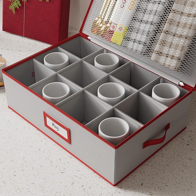 homyfort Coffee Mug Storage Box, China Cup Storage Organizer Containers Hard Shell Stackable with Dividers Holds 12 Coffee Mugs and Tea Cups