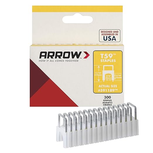 Arrow 591189 Genuine T59 Steel 5/16-Inch by 5/16 Crown Width Insulated Staples for Cable and Wiring, Clear, 300 Count