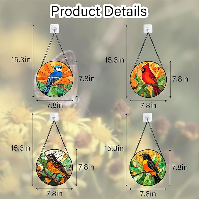 Stained Glass Window Hanging 4 Pcs Set Birds 7.8" - Cardinal Blue Jay Suncatcher Door Garden Sun Catcher Decor Birthday Christmas for Bird Lovers Mom Woman Nana Men