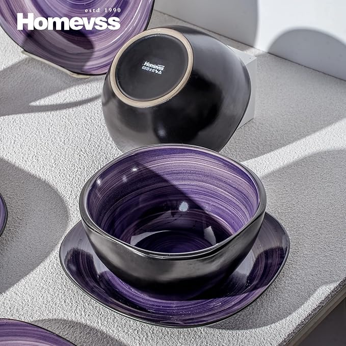 16-Piece Square Dinnerware Set - Serves 4, Inside Spinwash Swirl Purple + Outside Black Plates & Bowls Set | Microwave & Dishwasher Safe