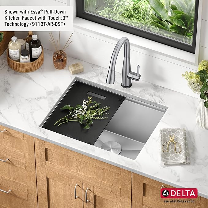 DELTA FAUCET Rivet 24-inch Workstation Laundry Utility Kitchen Sink Undermount 16 Gauge Stainless Steel Single Bowl with WorkFlow Ledge and a Kit of 5 Accessories, 95B9031-24SL-SS