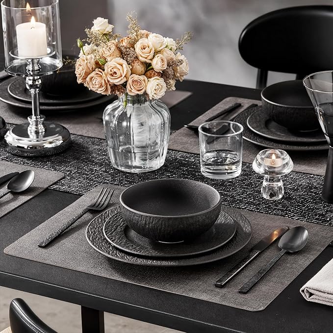 KINGSTONE Black Dinnerware Sets with flatware, 32-Piece Matte Marble Pattern Premium Porcelain, Place Setting with Dinner Plate, Salad Plate, Pasta Bowl, Microwave and Dishwasher Safe