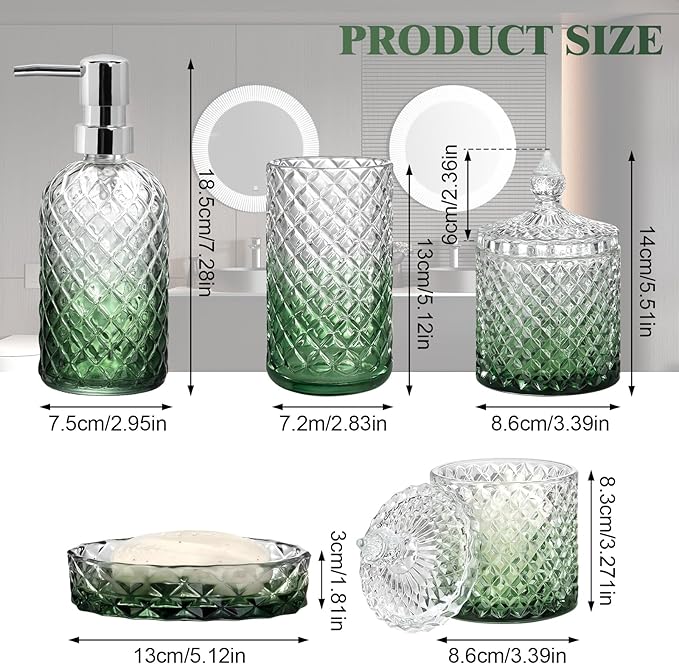 Bathroom Accessories Set, 5Pcs Bathroom Soap Dispenser Set, Glass Bathroom Accessories with Glass Soap Dispenser, Soap Dish, Toothbrush Holder, Tumbler, Cotton Swab Jar (Gradient Clear & Green)