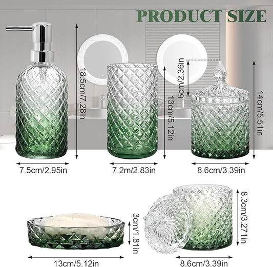 Bathroom Accessories Set, 5Pcs Bathroom Soap Dispenser Set, Glass Bathroom Accessories with Glass Soap Dispenser, Soap Dish, Toothbrush Holder, Tumbler, Cotton Swab Jar (Gradient Clear & Green)