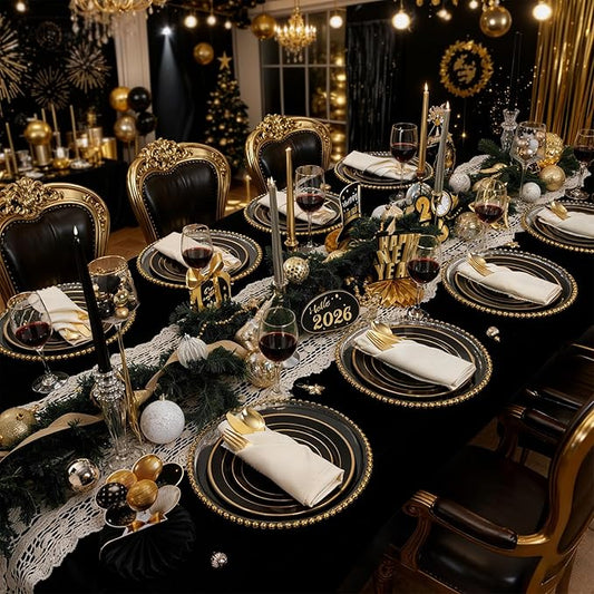 350 Pieces Black and Gold Plastic Plates with Disposable Silverware, Include 50 Dinner Plates 9”, 50 Dessert Plates 6.3”, 50 Black Cups 9 OZ, 50 Pre Rolled Napkins for New Year