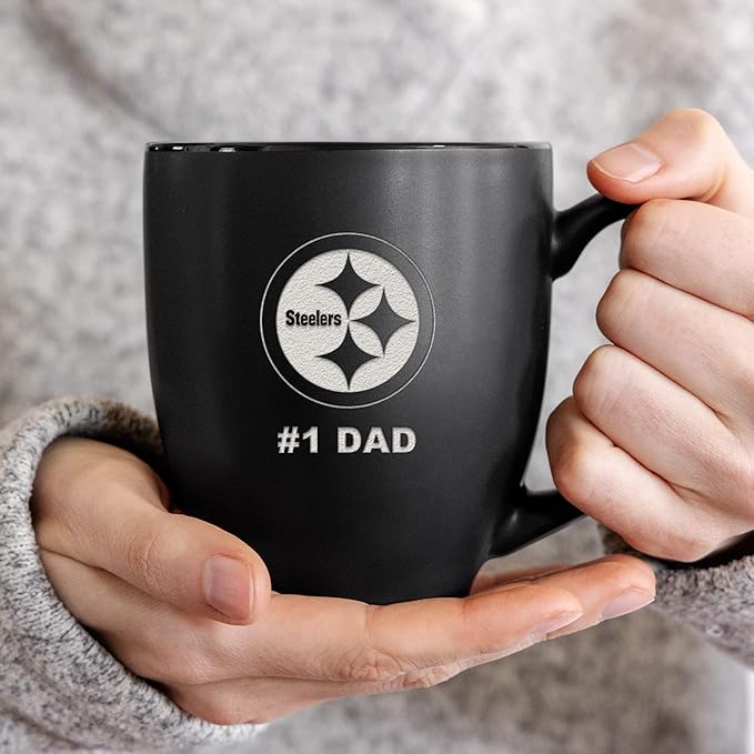 Rico Industries NFL Football #1 Dad 15oz Laser Engraved Matte Black Ceramic Bistro Mug - for Hot or Cold Drinks