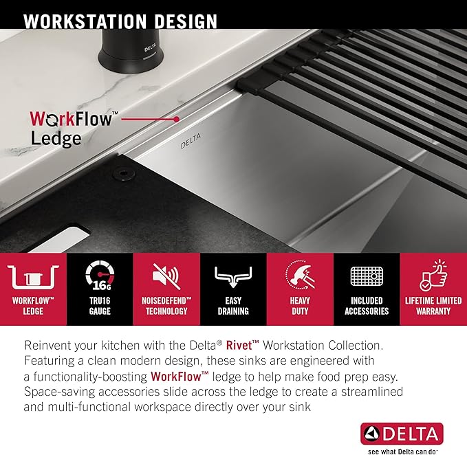 DELTA FAUCET Rivet 27-Inch Workstation Kitchen Sink Undermount 16 Gauge Stainless Steel Single Bowl with WorkFlow Ledge and Chef’s Kit of 6 Accessories, 95B931-27S-SS