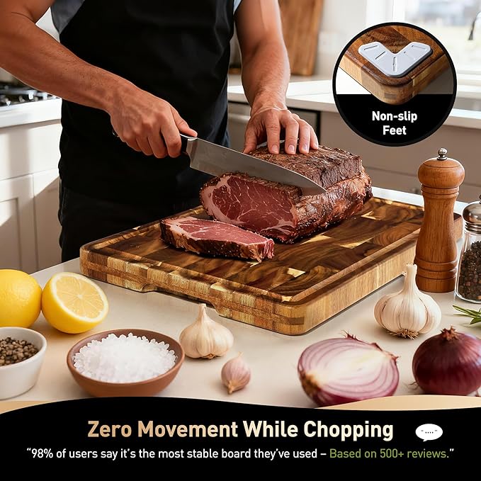 End Grain Cutting Board Set of 3 with Non-slip Feet, Reversible Acacia Wood Cutting Boards for Kitchen with Juice Grooves and Handles Non Toxic Chopping Board Butcher Block Serving Tray Kitchen Sets