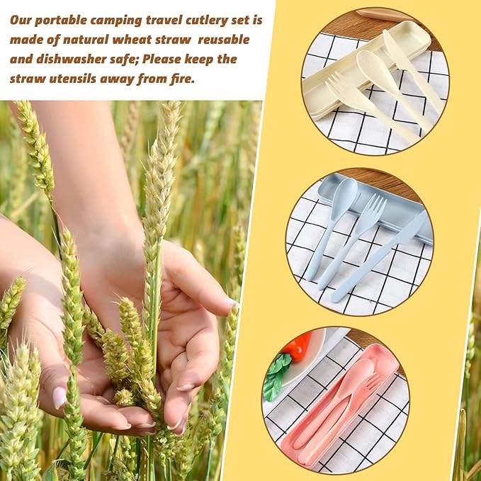 Jinei 50 Sets Reusable Travel Utensils Set with Case Wheat Straw Cutlery Portable Spoon Knife Forks Lunch Box Accessories Friendly Tableware for Kids Adults Camping Utensils(Bright)