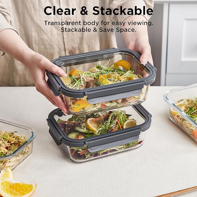 Glass Food Storage Containers with Lids, 10 Pack of 21oz, Glass Meal Prep Container with Airtight Lids, Microwave Safe Food Container Set, BPA Free, LeakProof, Ideal for Lunch