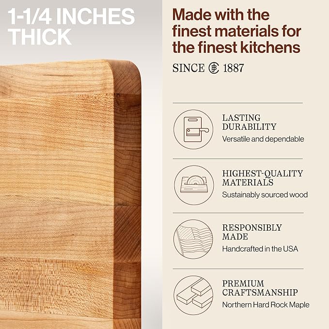 John Boos Chop-N-Slice Series Rectangular Wooden Maple Cutting Board 18”x12” – 1.25” Thick, 8-lb Reversible Butcher Block with Eased Corners & Edge-Grain – Made in the USA