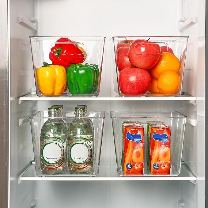 Vtopmart Clear Plastic Pantry Organizer Bins, 4 PCS Food Storage Bins with Handle for Refrigerator, Fridge, Cabinet, Kitchen, Countertops, Cupboard, Freezer Organization and Storage, BPA Free, Large