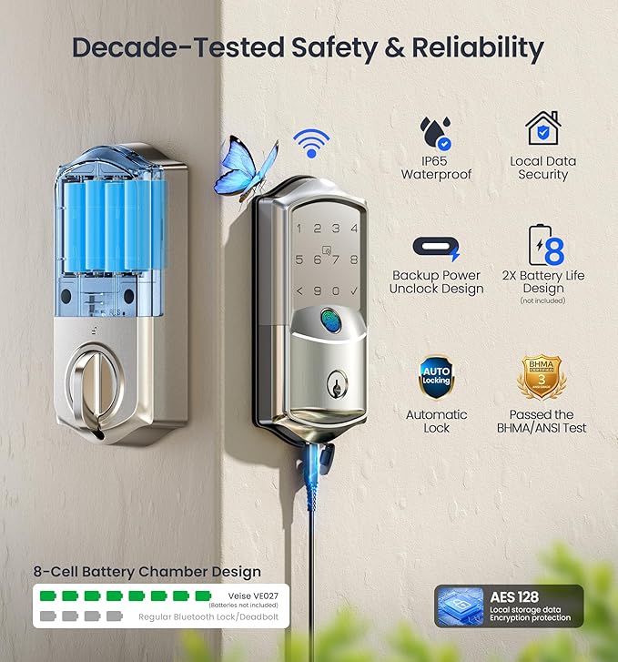 Veise VE027 Built-in Wi-Fi Smart Lock, Fingerprint Keyless Entry Front Door Lock, App Remote Control, No Hub Needed, Keypad Deadbolt, IP65 Waterproof, Auto Lock, BHMA Grade 3, Satin Nickel