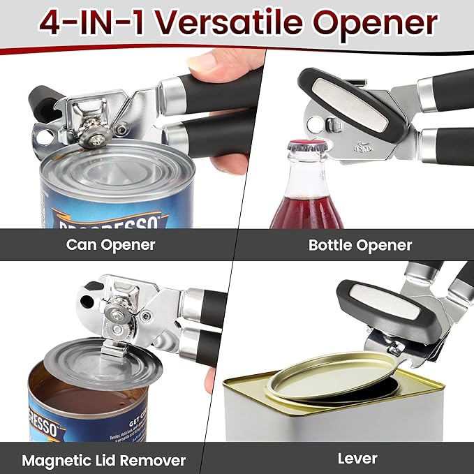 Can Opener Manual with Magnet, Vayvnt Heavy Duty Stainless Steel Can Opener Smooth Edge, Rubber Grip Handle & Easy Turn Knob, Multifunctional Kitchen Gadget for Seniors, Sharp Cutting Blade, Black