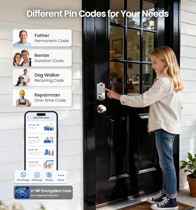 Veise VE017-K Fingerprint Smart Lock with 2 Knobs, App Control, Keyless Entry Front Door Lock with Handle Set, Electronic Digital Touchscreen Keypad Deadbolt, IP55 Waterproof, Auto-Lock, Satin Nickel